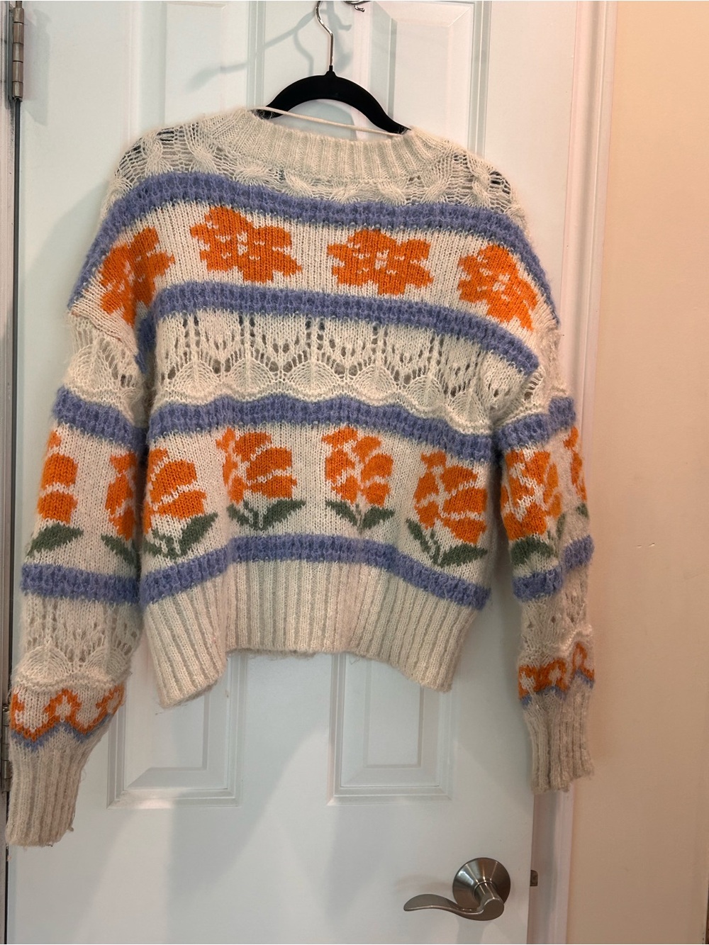 Vero Moda Floral Fair Isle Knit Sweater Cream Open Knit Cozy Cottagecore Boho - Picture 4 of 9